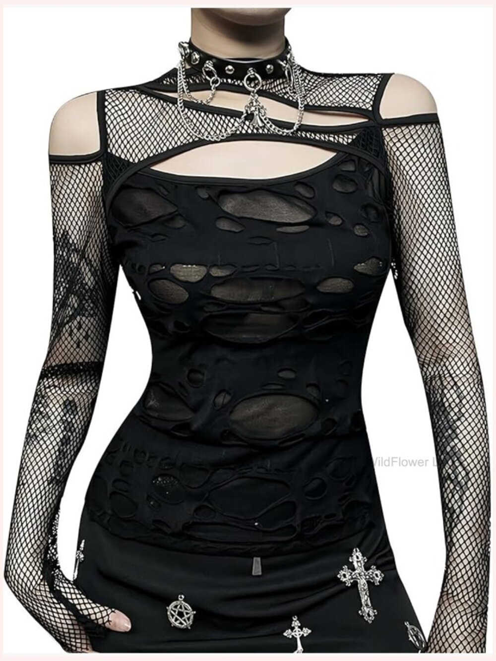 Gothic Fishnet Crop Top Punk Y2K Sheer Mesh Tee Long Sleeve